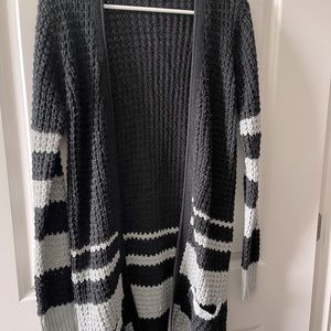 Knitted black and grey knee length cardigan sweater
